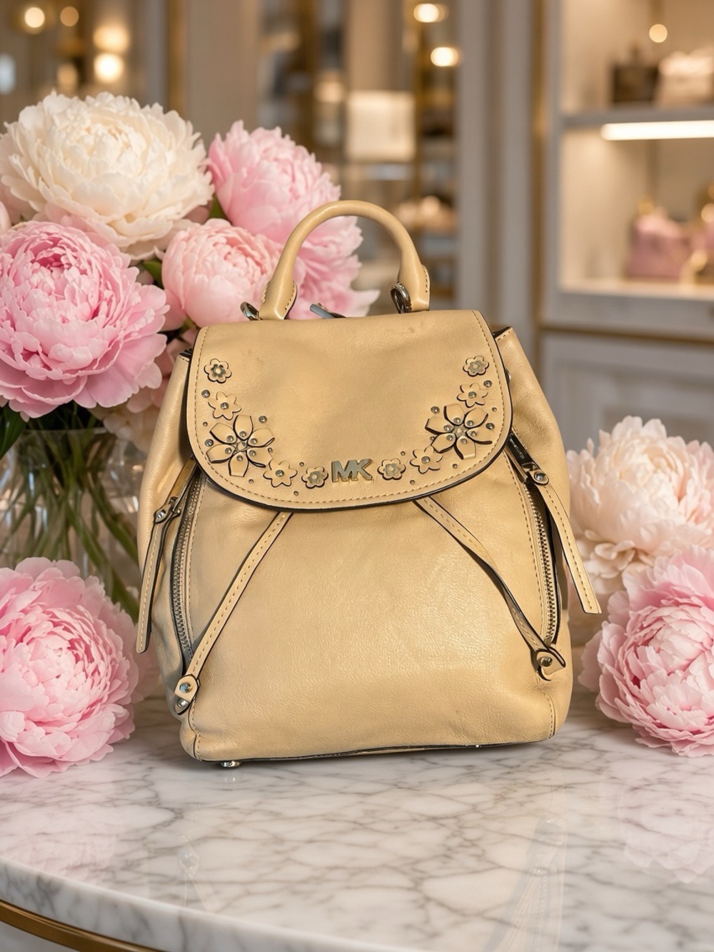 Michael Kors Cream Floral-Appliqué Leather Backpack